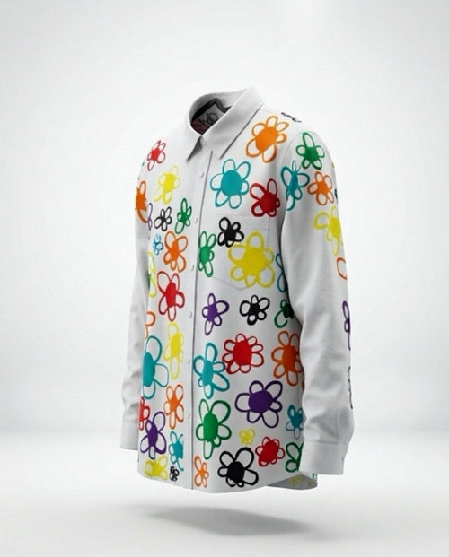 Camisa Flower Power — Rainbow Factory, de tres cuartos